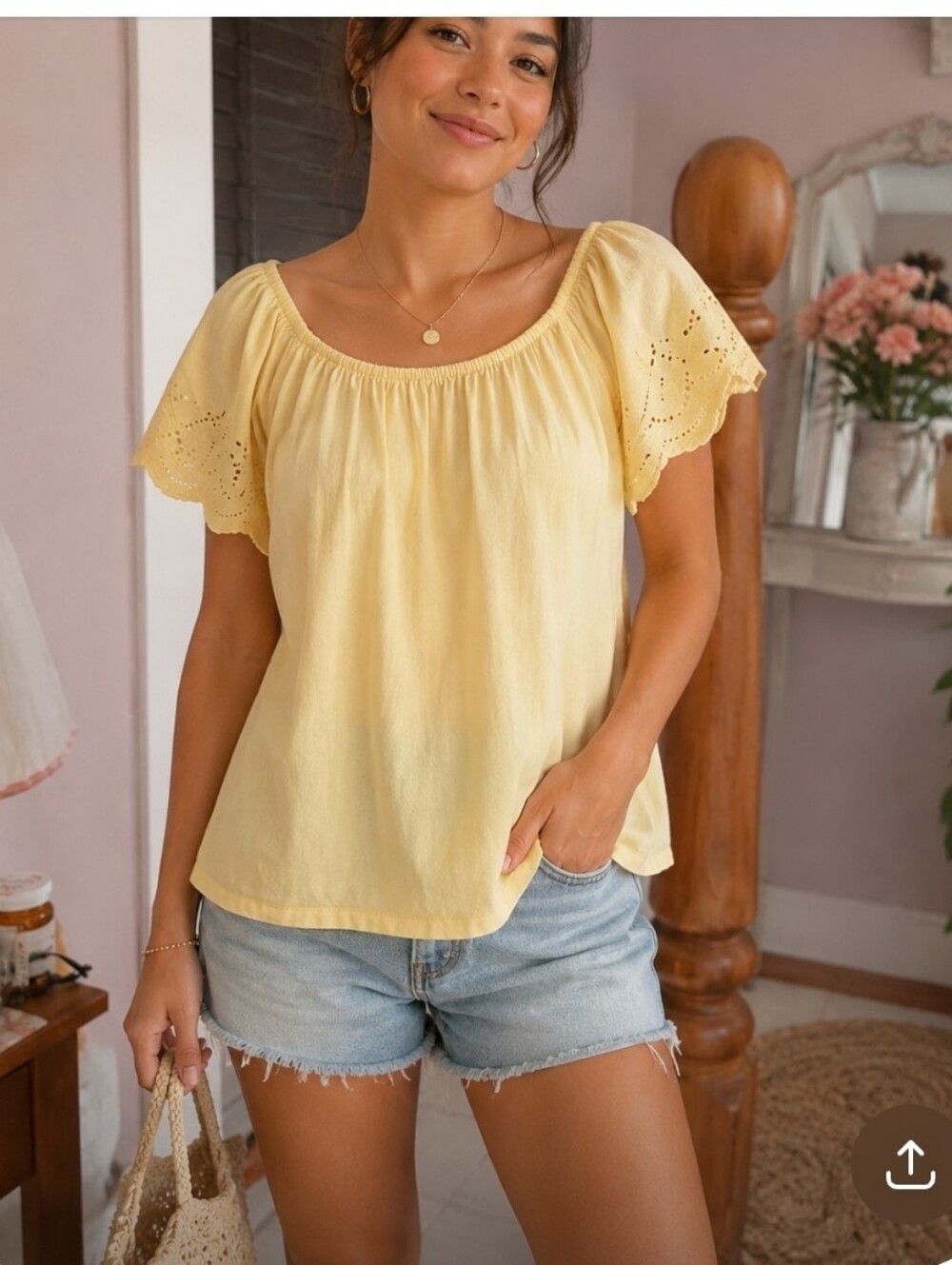 5/$25 George Yellow Off-Shoulder Eyelet Sleeve Blouse